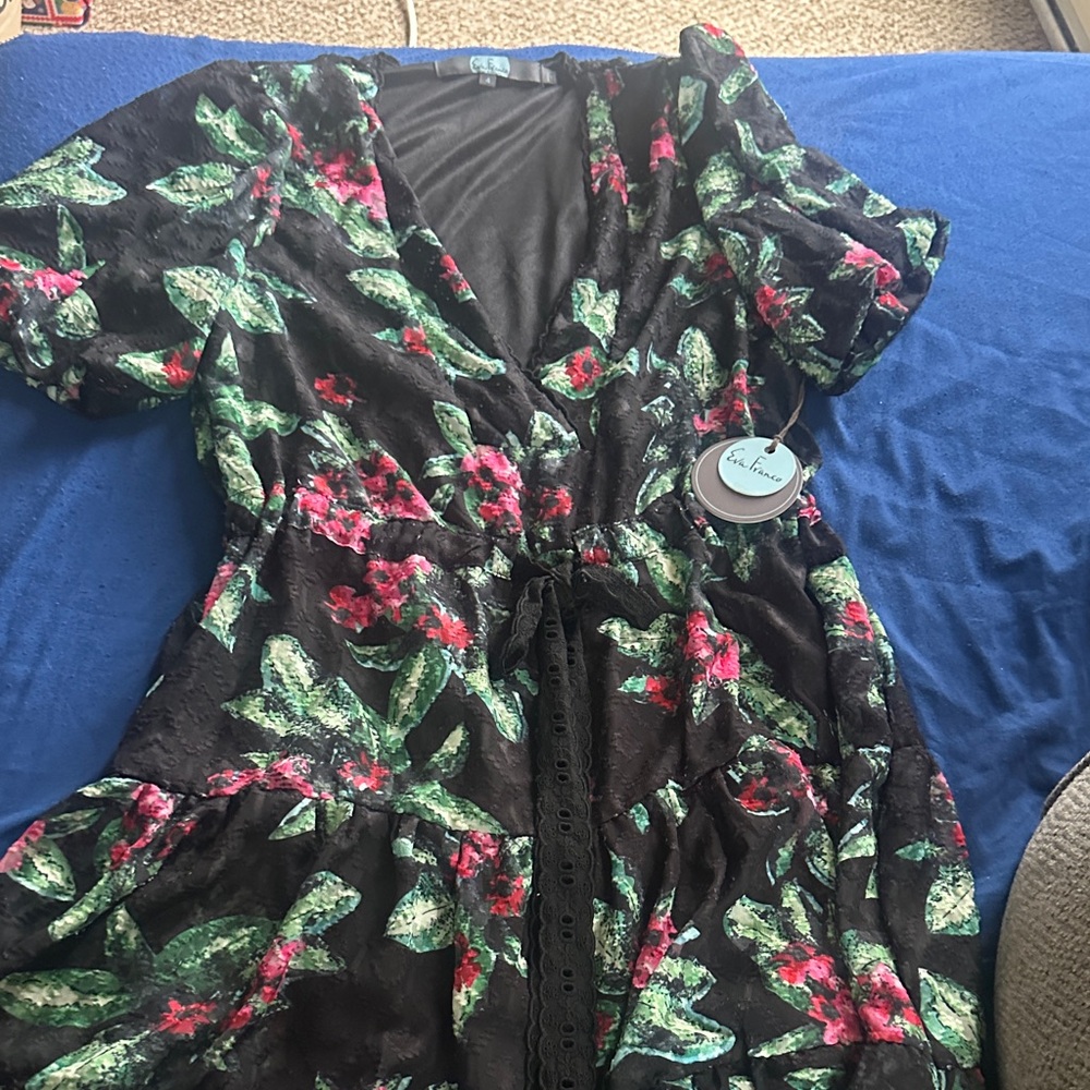 Floral Black Dress with Green and Pink Accents